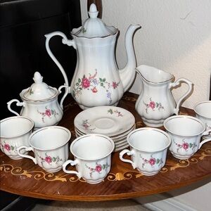 Vintage Walbrzych Poland Porcelain Tea Set Floral Pink Rose Gold Trim 17 Pc